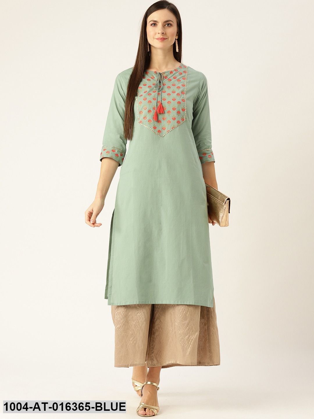 Blue Three-Quarter Sleeves A-Line Solid Yoke Design Cotton Kurta