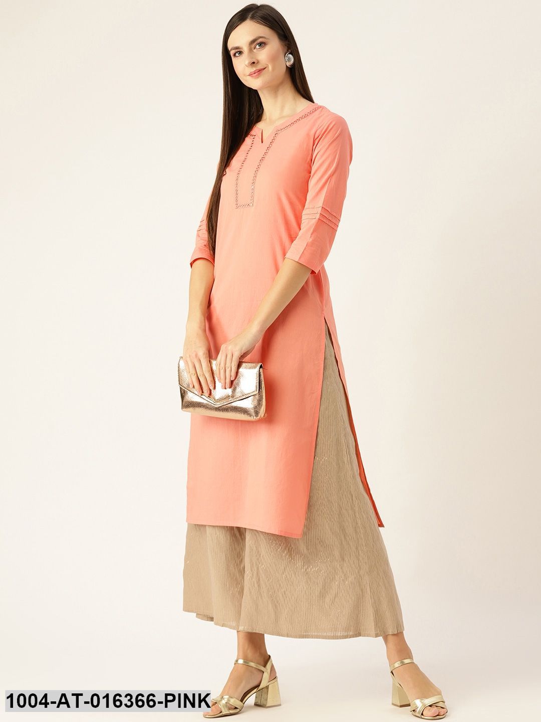 Pink Three-Quarter Sleeves Straight Solid Yoke Design Cotton Kurta