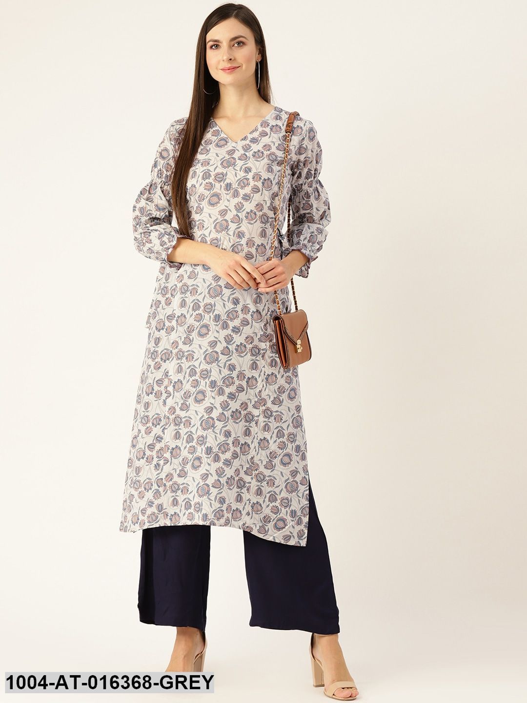 Grey Three-Quarter Sleeves A-Line Floral Printed Cotton Kurta