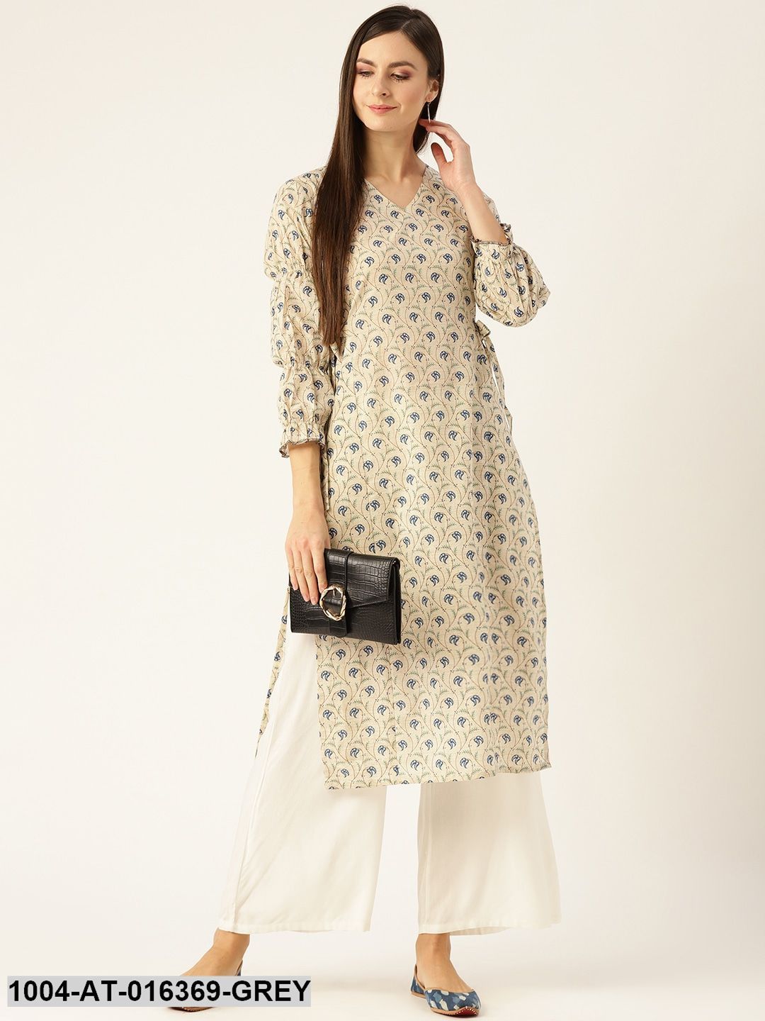 Grey Three-Quarter Sleeves A-Line Ethnic Motifs Printed Cotton Kurta