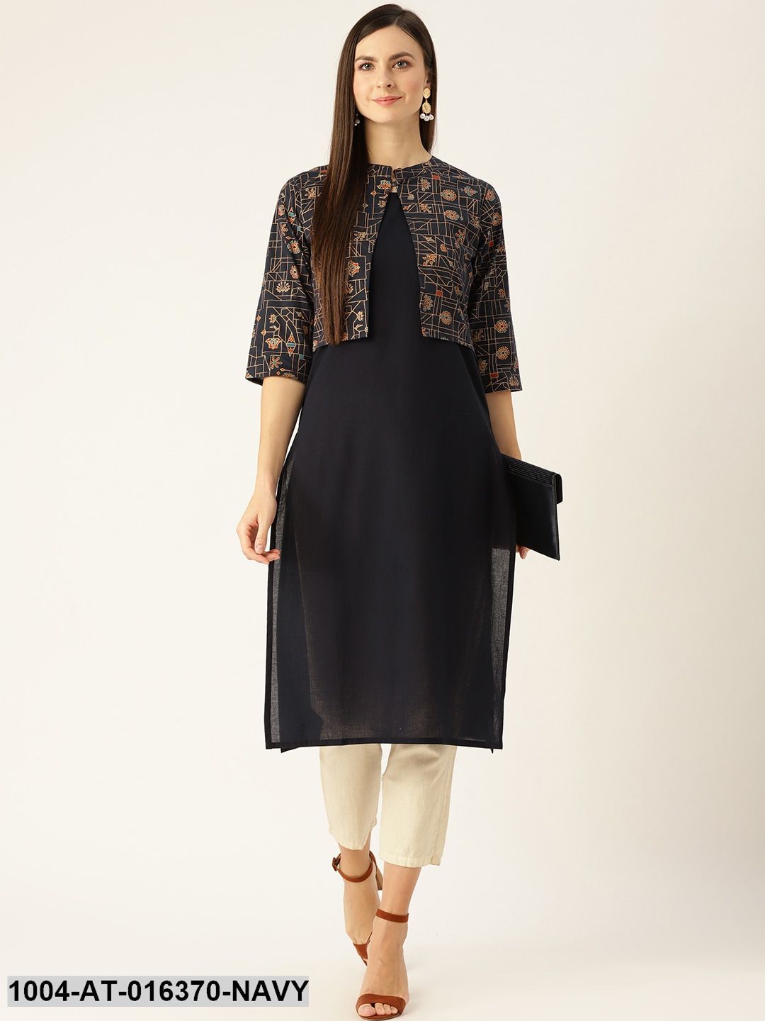 Navy Three-Quarter Sleeves Straight Solid Printed Cotton Kurta