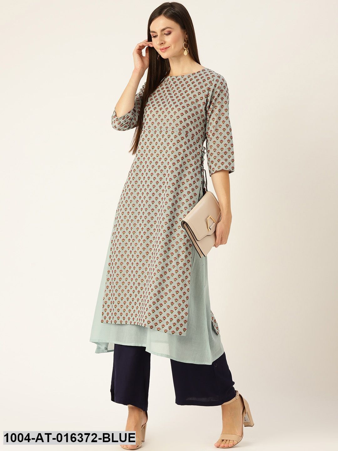 Metallic Blue Three-Quarter Sleeves A-Line Ethnic Motifs Printed Cotton Kurta