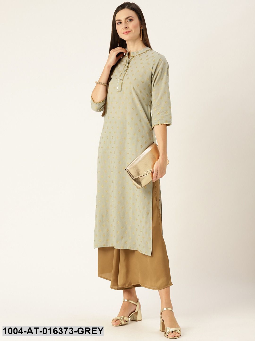 Grey Three-Quarter Sleeves A-Line Ethnic Motifs Printed Cotton Kurta