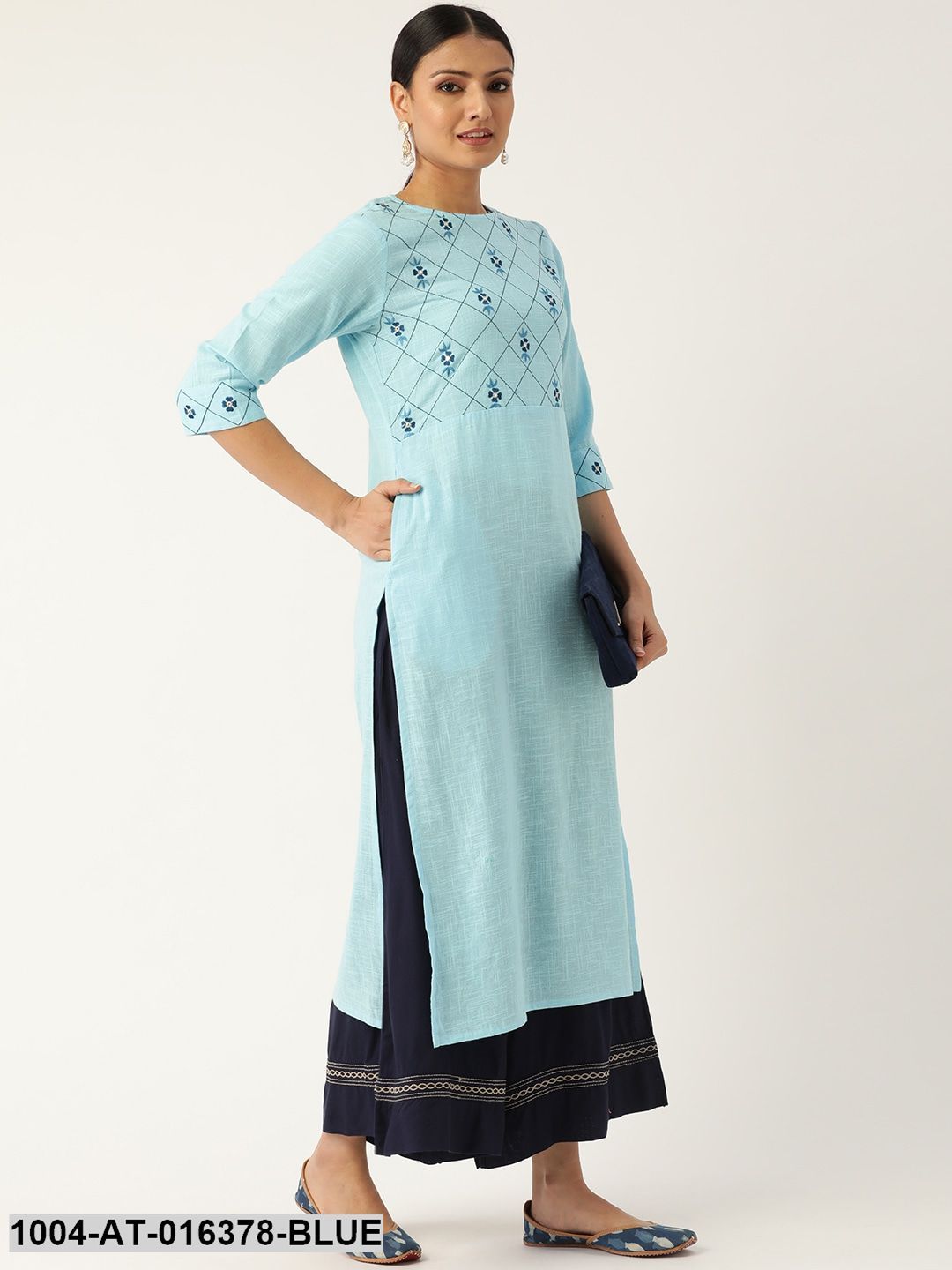 Blue Three-Quarter Sleeves Straight Solid Embroidered Cotton Kurta