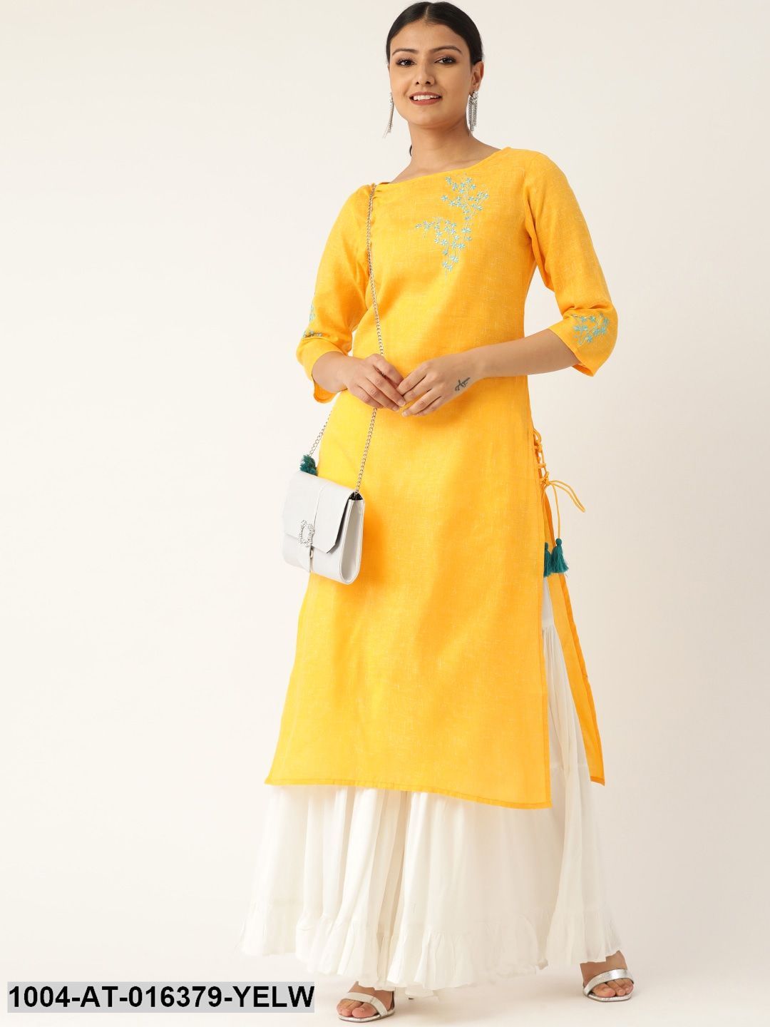 Yellow Three-Quarter Sleeves Straight Solid Embroidered Cotton Kurta