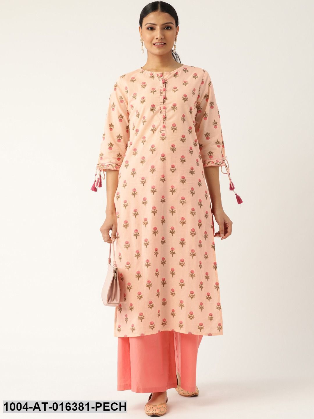 Peach Three-Quarter Sleeves Straight Floral Printed Cotton Kurta