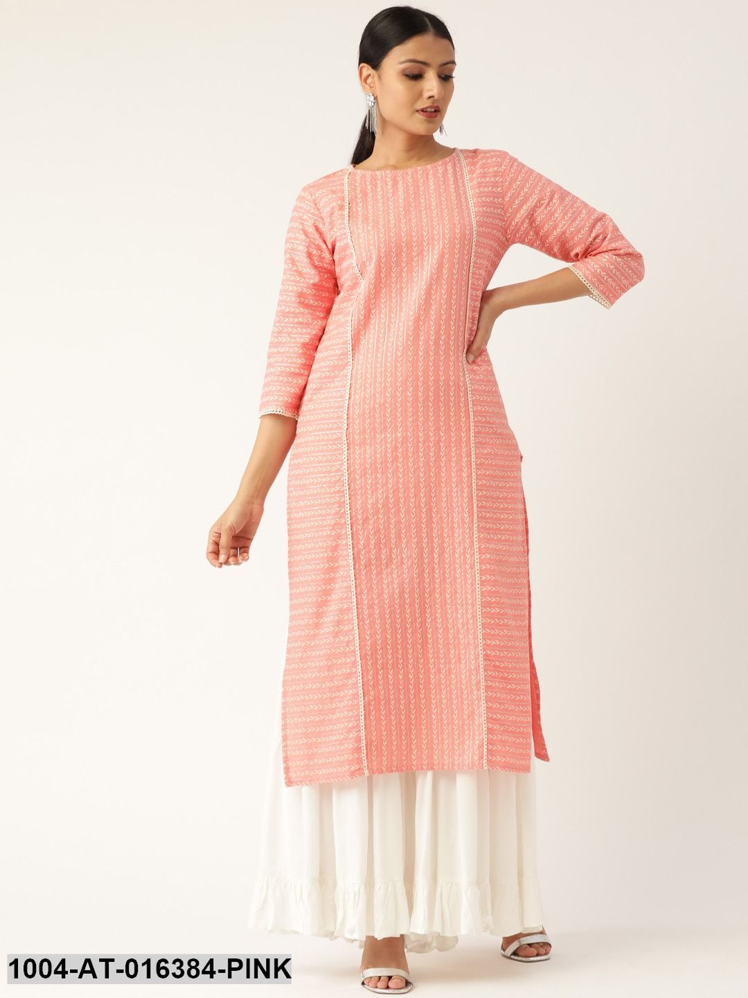 Pink Three-Quarter Sleeves Straight Striped Striped Cotton Kurta