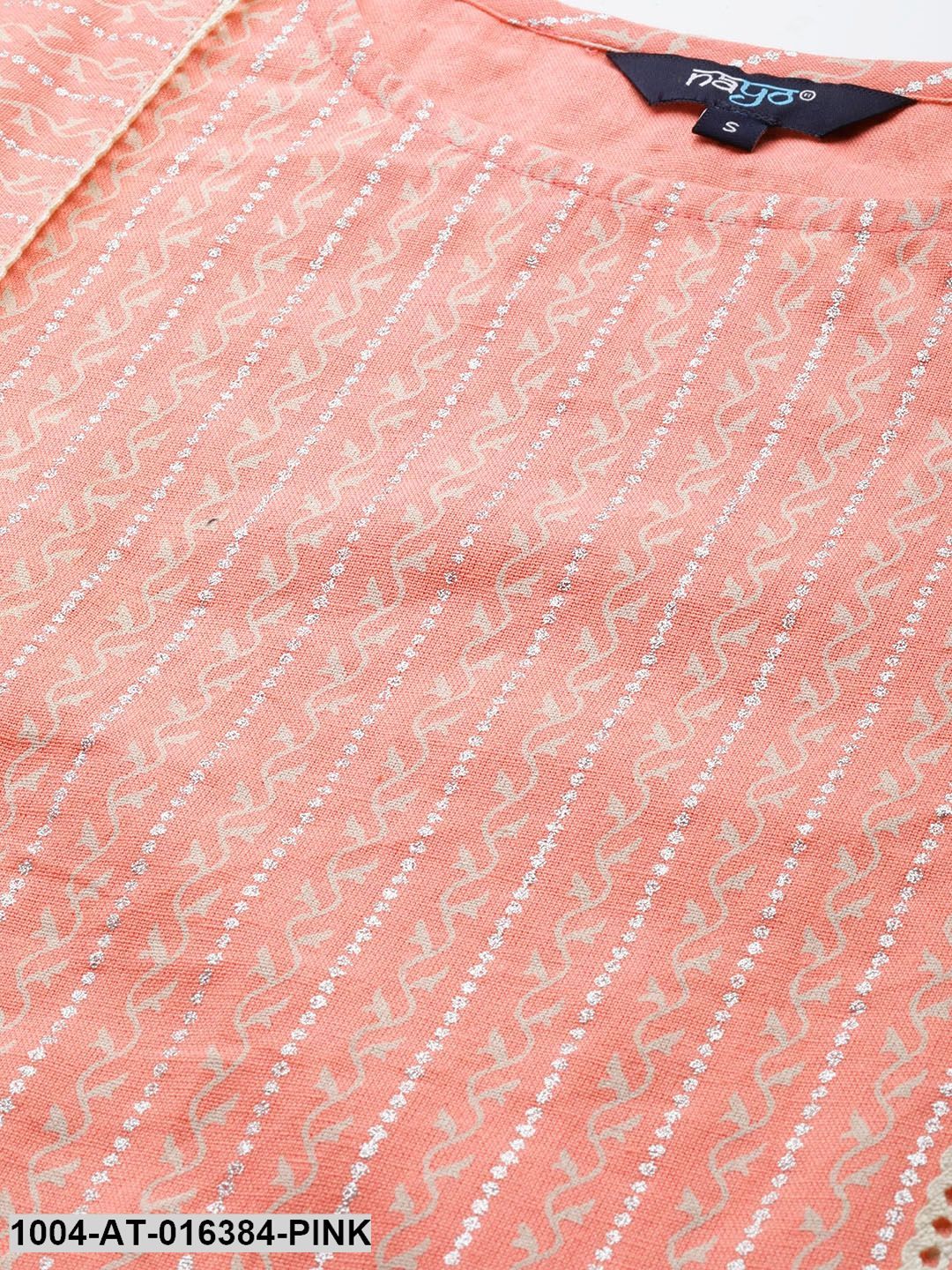 Pink Three-Quarter Sleeves Straight Striped Striped Cotton Kurta