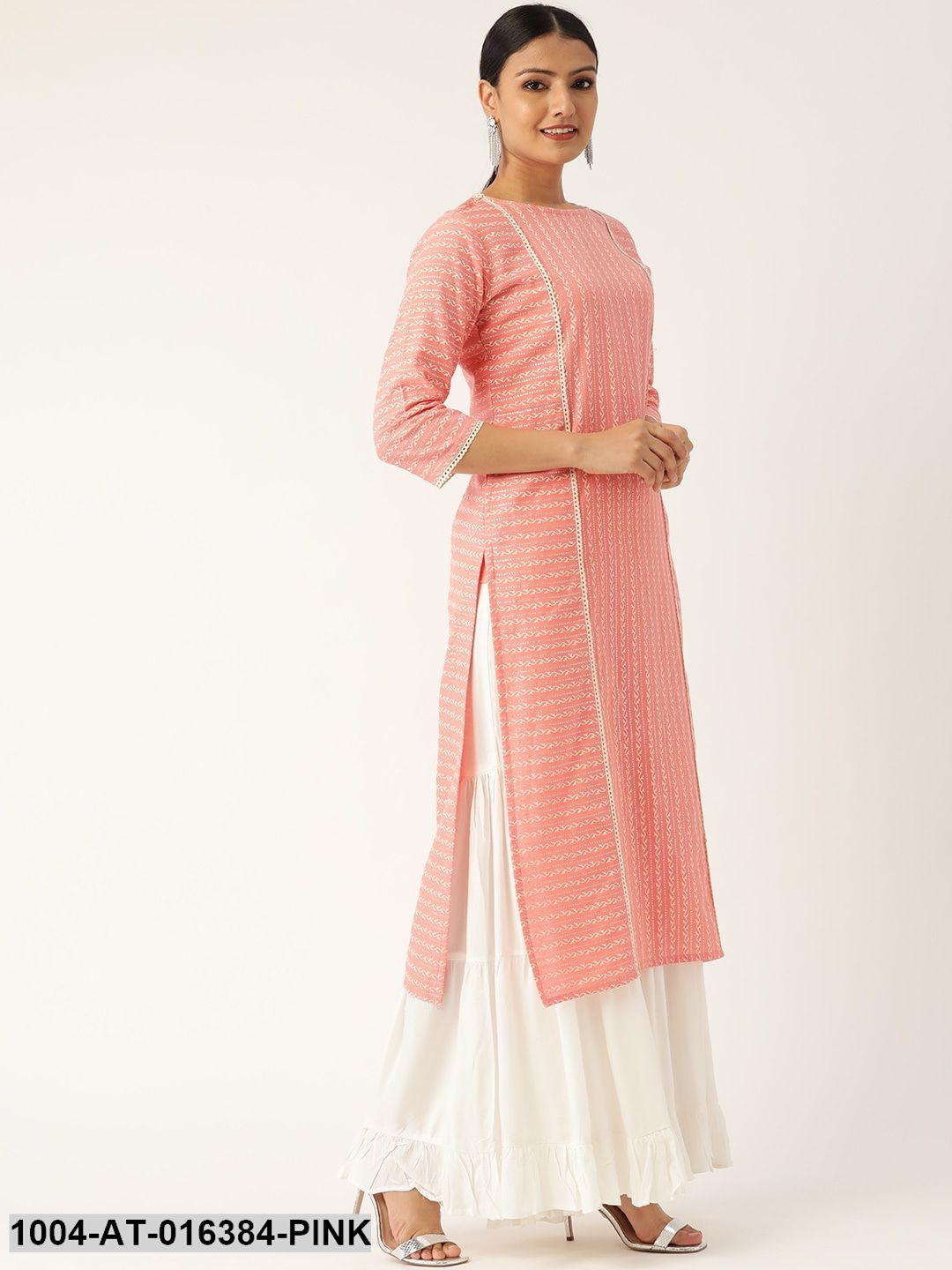 Pink Three-Quarter Sleeves Straight Striped Striped Cotton Kurta