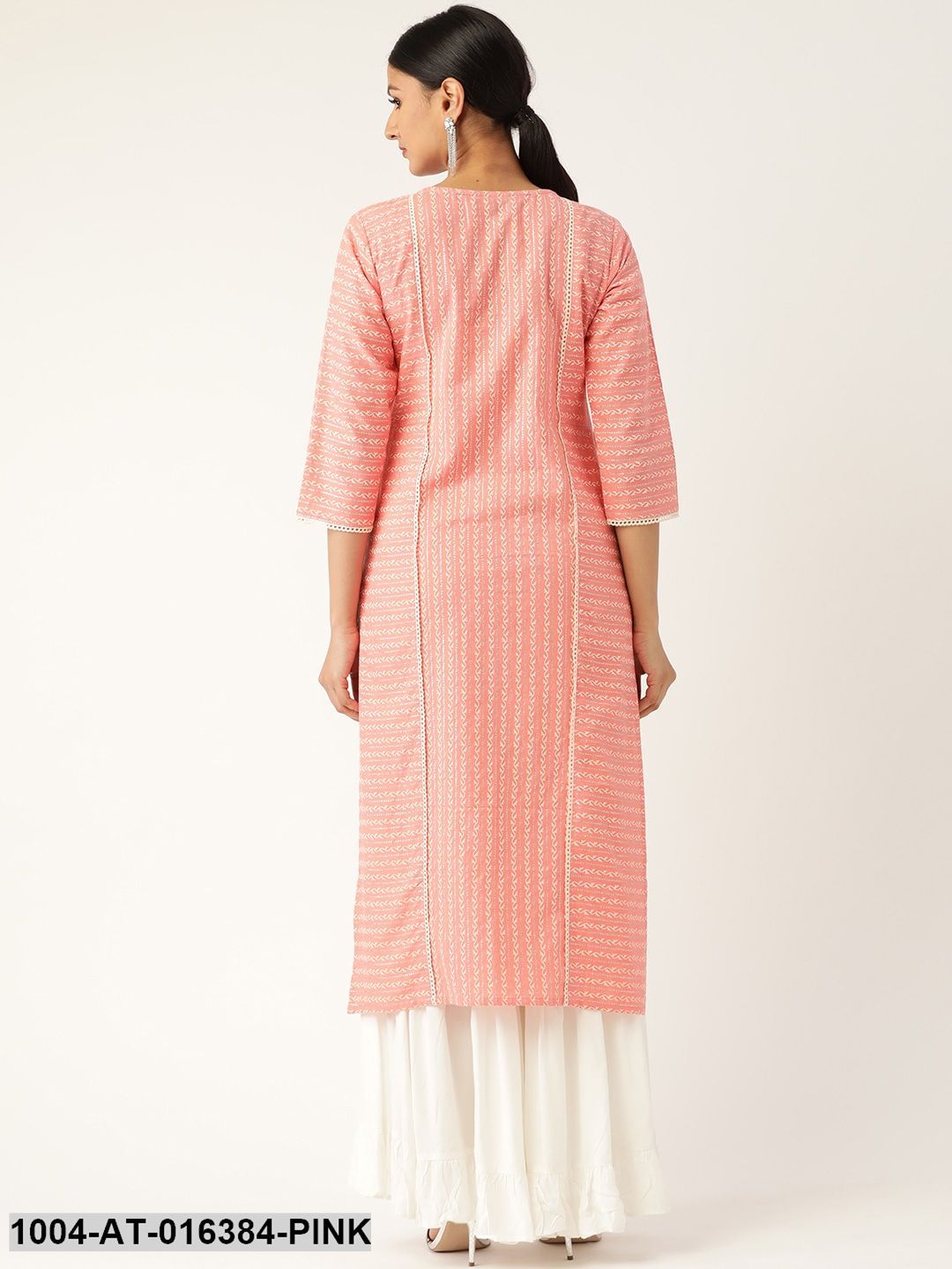 Pink Three-Quarter Sleeves Straight Striped Striped Cotton Kurta