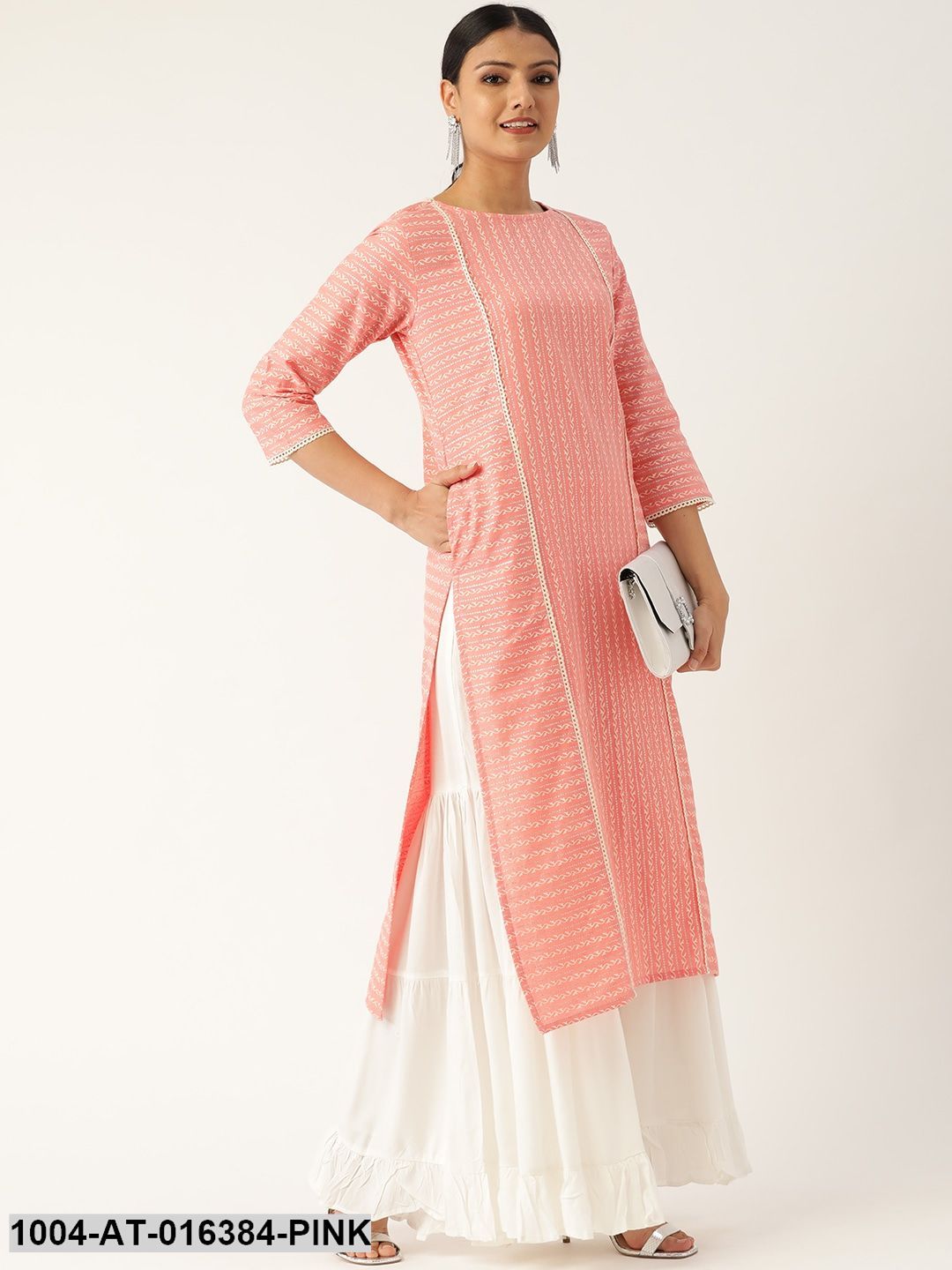 Pink Three-Quarter Sleeves Straight Striped Striped Cotton Kurta