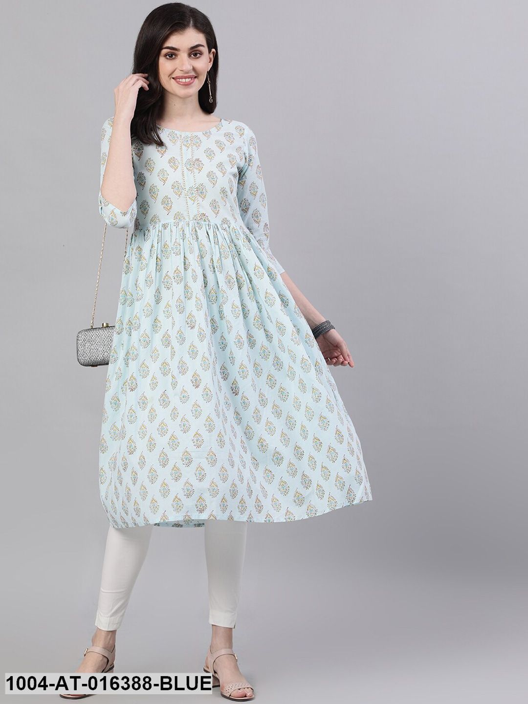 Powder Blue Three-Quarter Sleeves A-Line Ethnic Motifs Printed Cotton Kurta