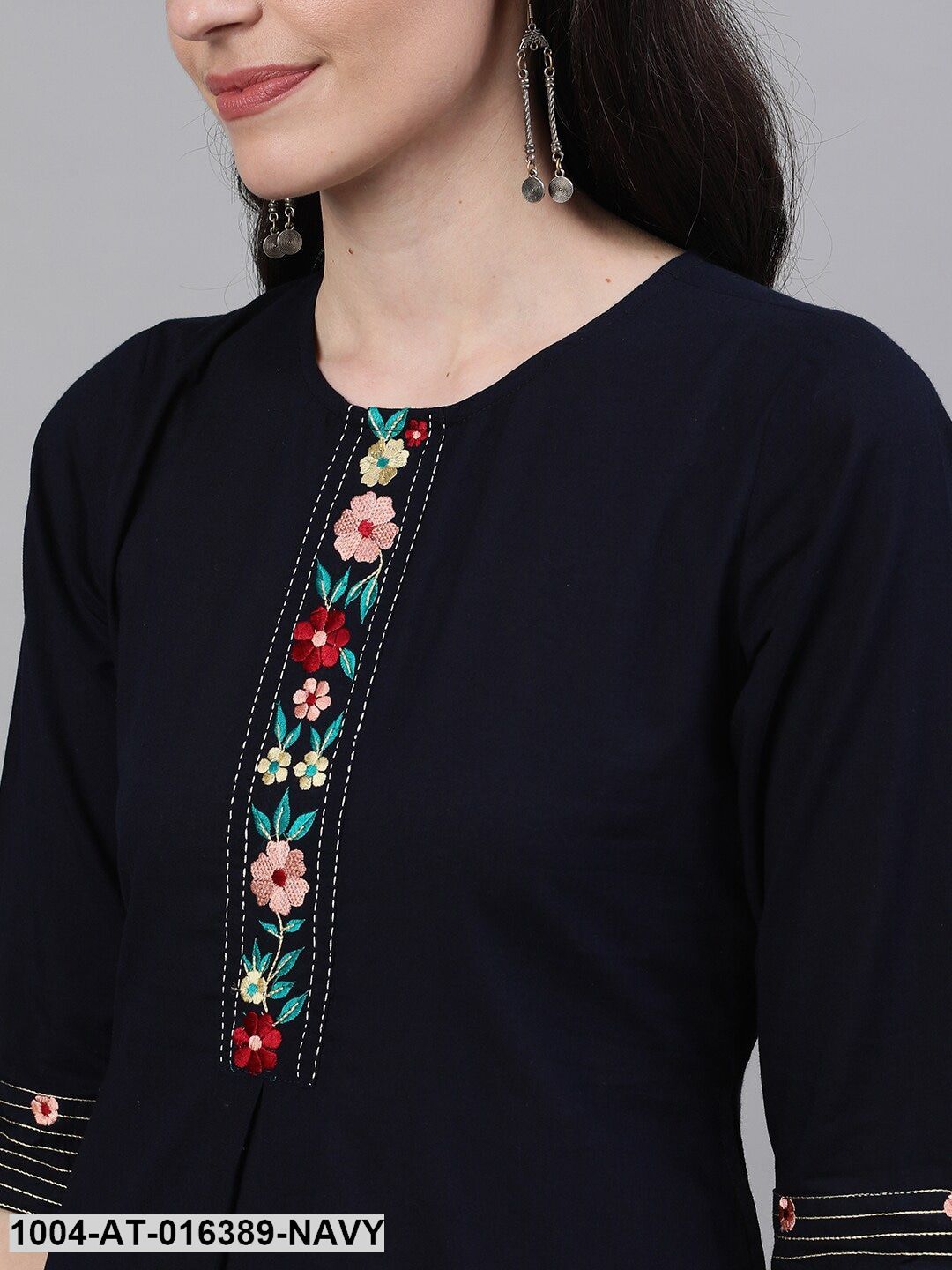 Navy Blue Three-Quarter Sleeves A-Line Solid Embroidered Cotton Kurta