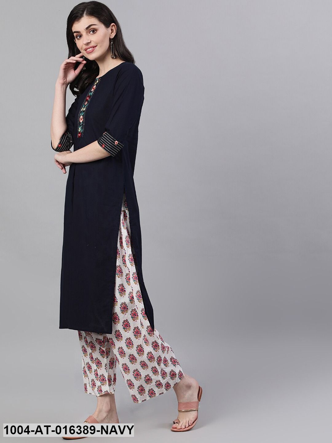 Navy Blue Three-Quarter Sleeves A-Line Solid Embroidered Cotton Kurta