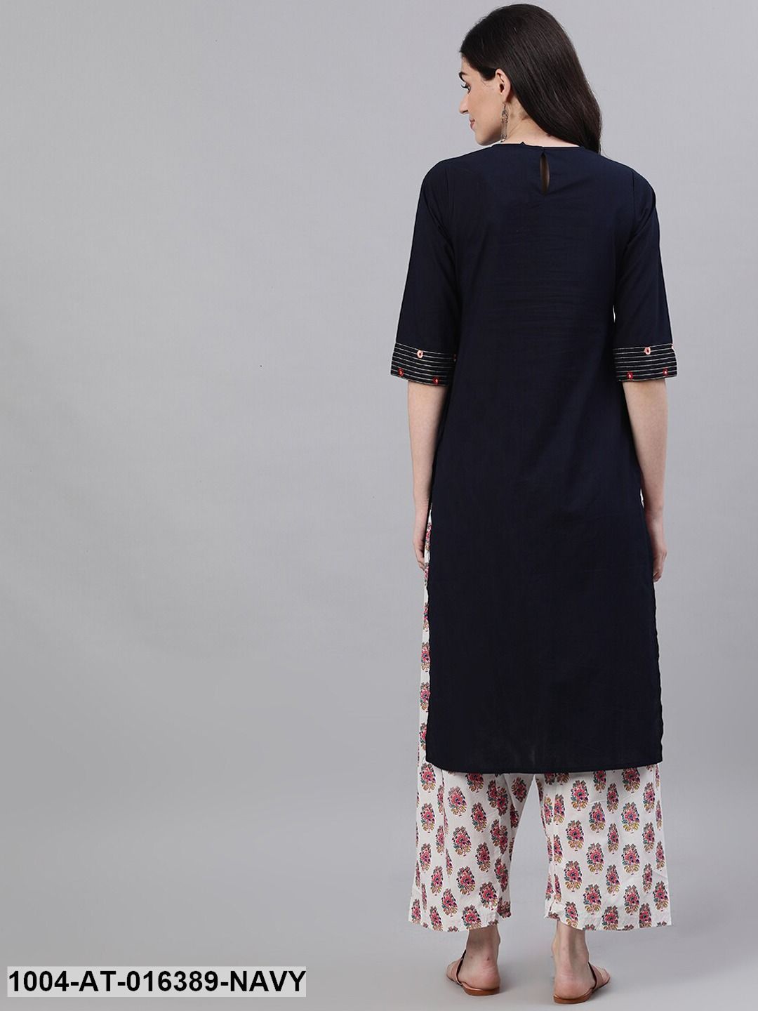 Navy Blue Three-Quarter Sleeves A-Line Solid Embroidered Cotton Kurta
