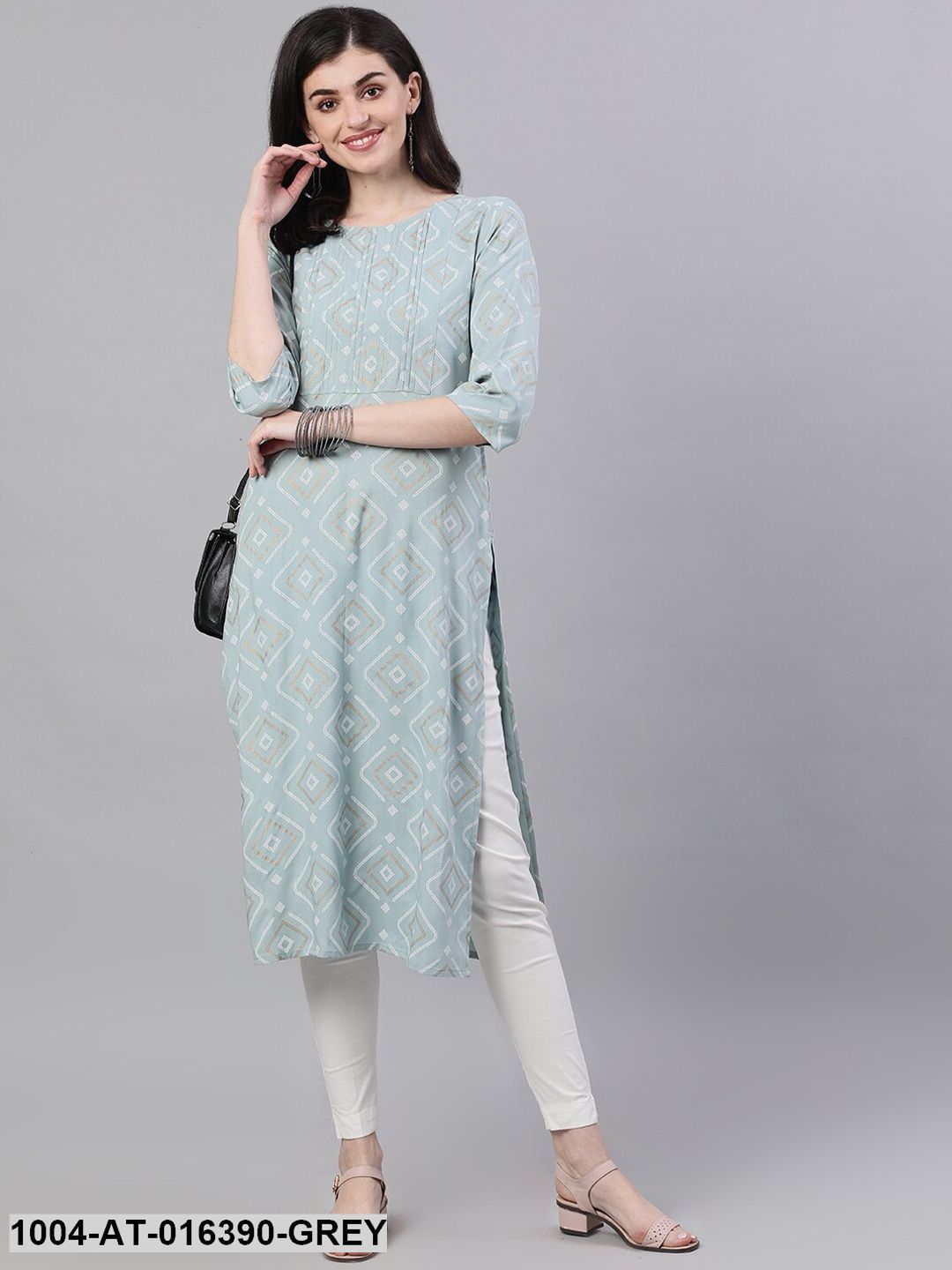 Grey Three-Quarter Sleeves Straight Geometric Yoke Design Cotton Kurta