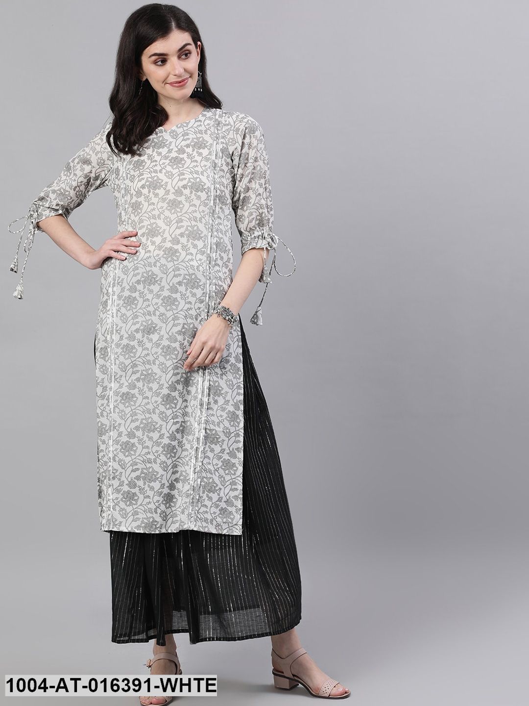 White Three-Quarter Sleeves Straight Floral Printed Cotton Kurta