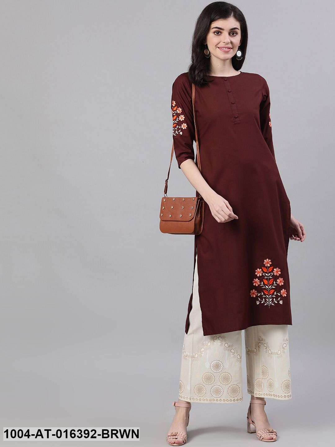 Chocolate Brown Three-Quarter Sleeves Straight Solid Embroidered Silk Kurta