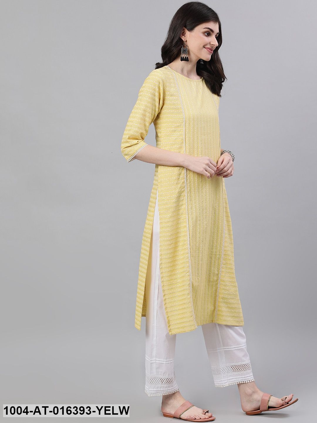 Lime Yellow Three-Quarter Sleeves Straight Striped Striped Cotton Kurta