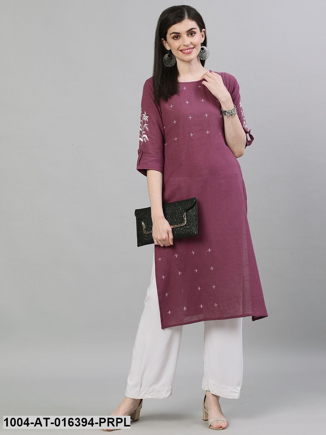 Purple Three-Quarter Sleeves Straight Solid Solid Cotton Kurta