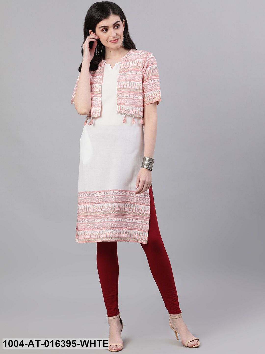 White 3/4th Sleeve Straight Quirky Printed Viscose Rayon Kurta with Jacket