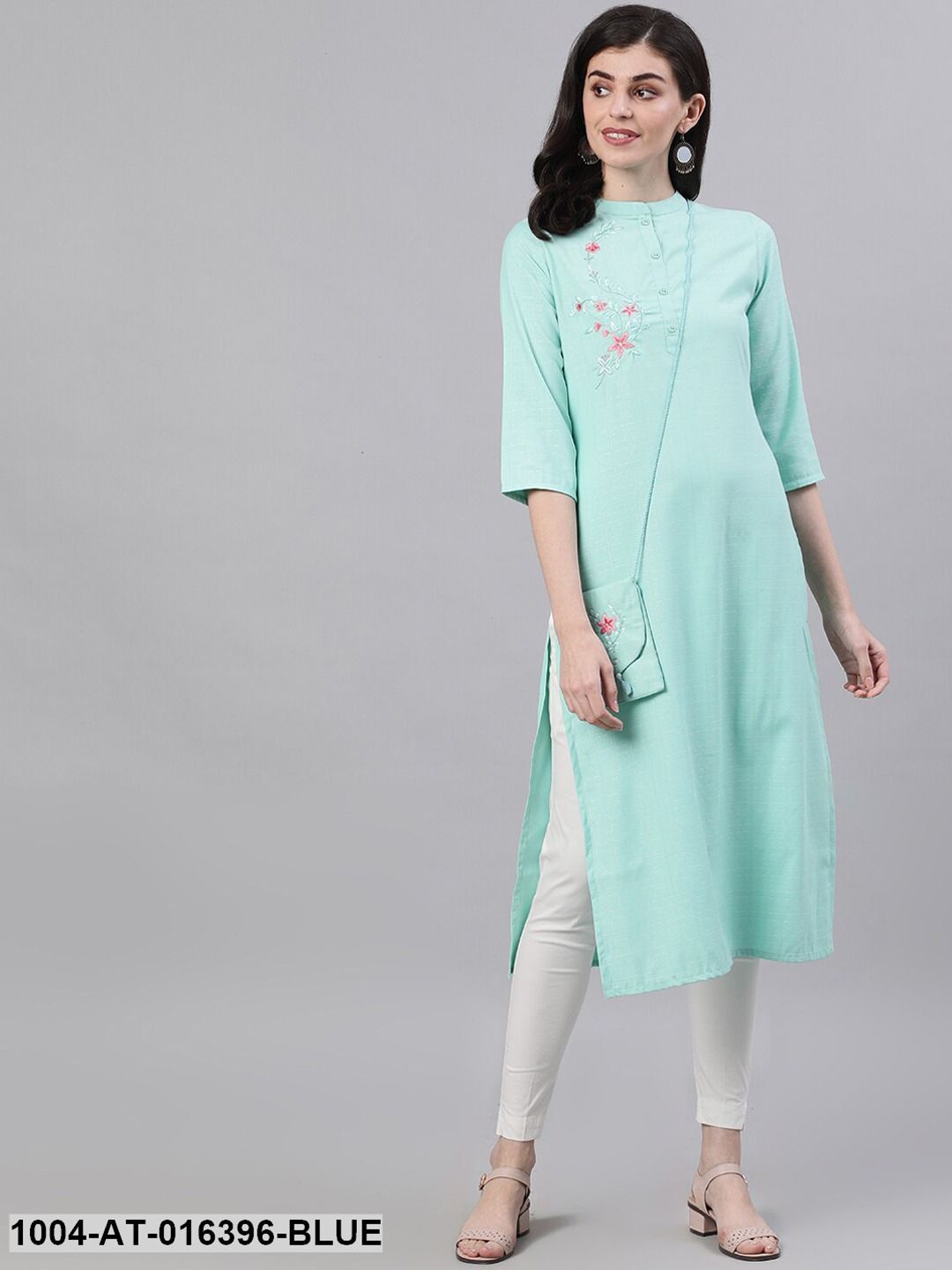 Light Blue Three-Quarter Sleeves Straight Abstract Embroidered Viscose Rayon Kurta
