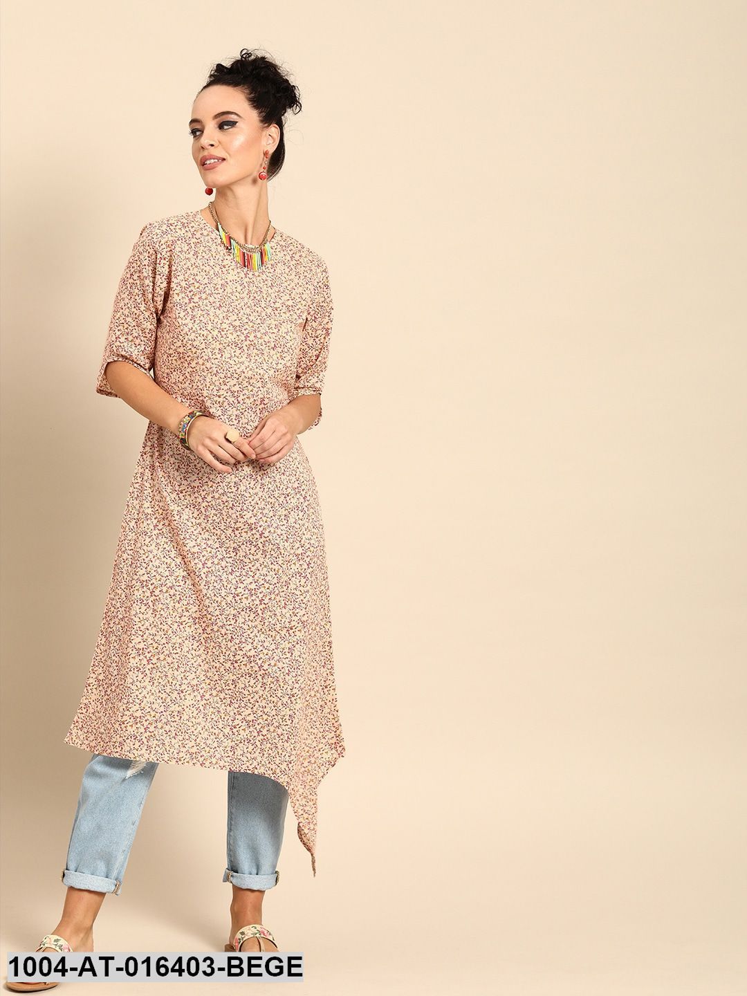 Beige Three-Quarter Sleeves A-Line Floral Printed Cotton Kurta