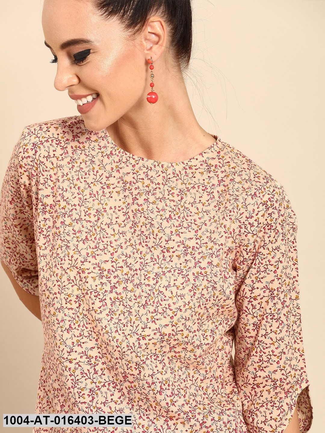 Beige Three-Quarter Sleeves A-Line Floral Printed Cotton Kurta
