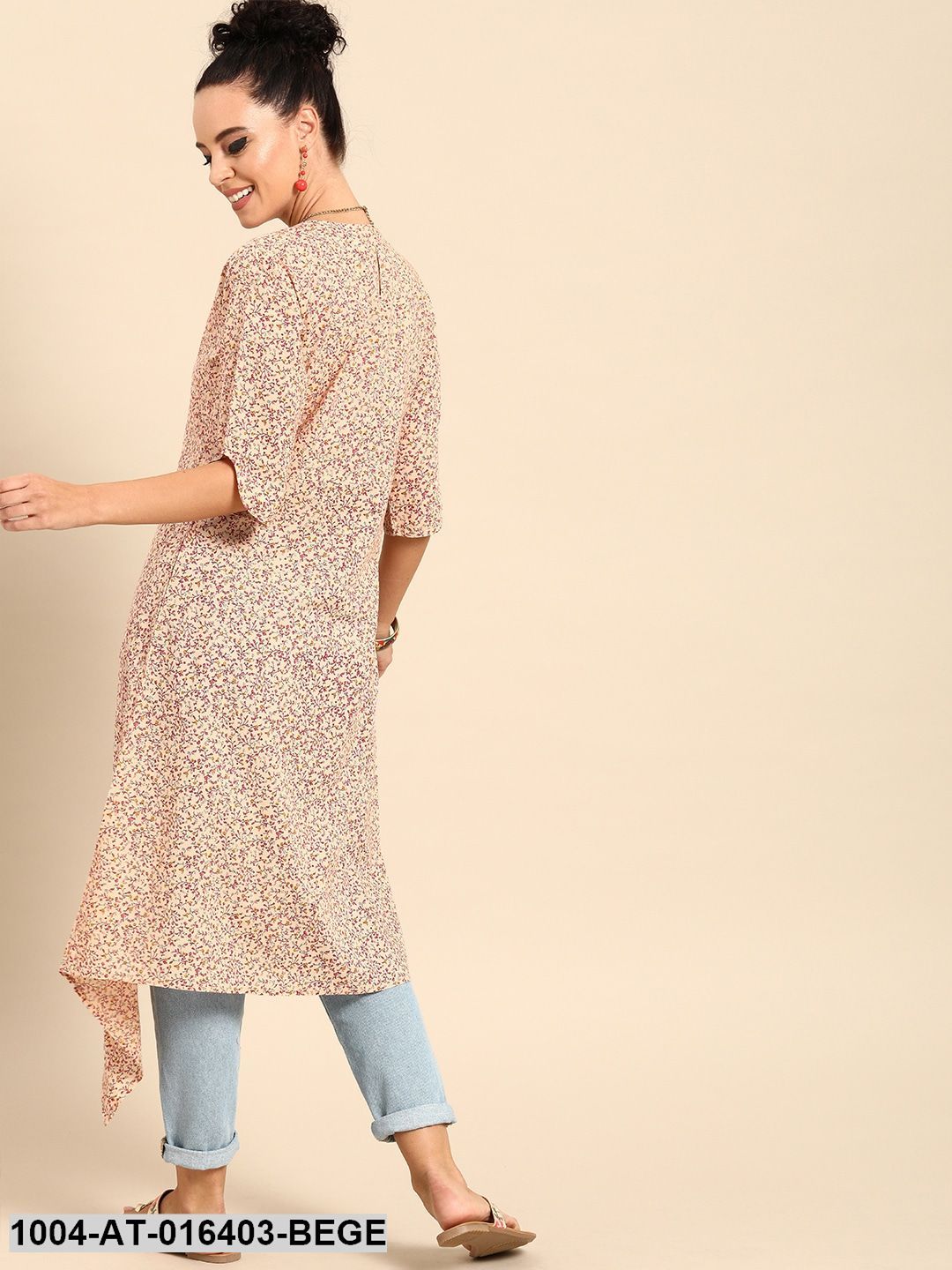 Beige Three-Quarter Sleeves A-Line Floral Printed Cotton Kurta