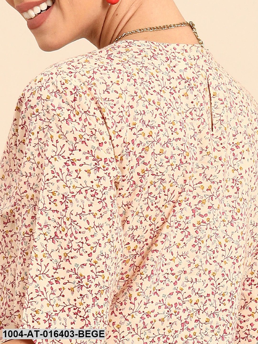 Beige Three-Quarter Sleeves A-Line Floral Printed Cotton Kurta
