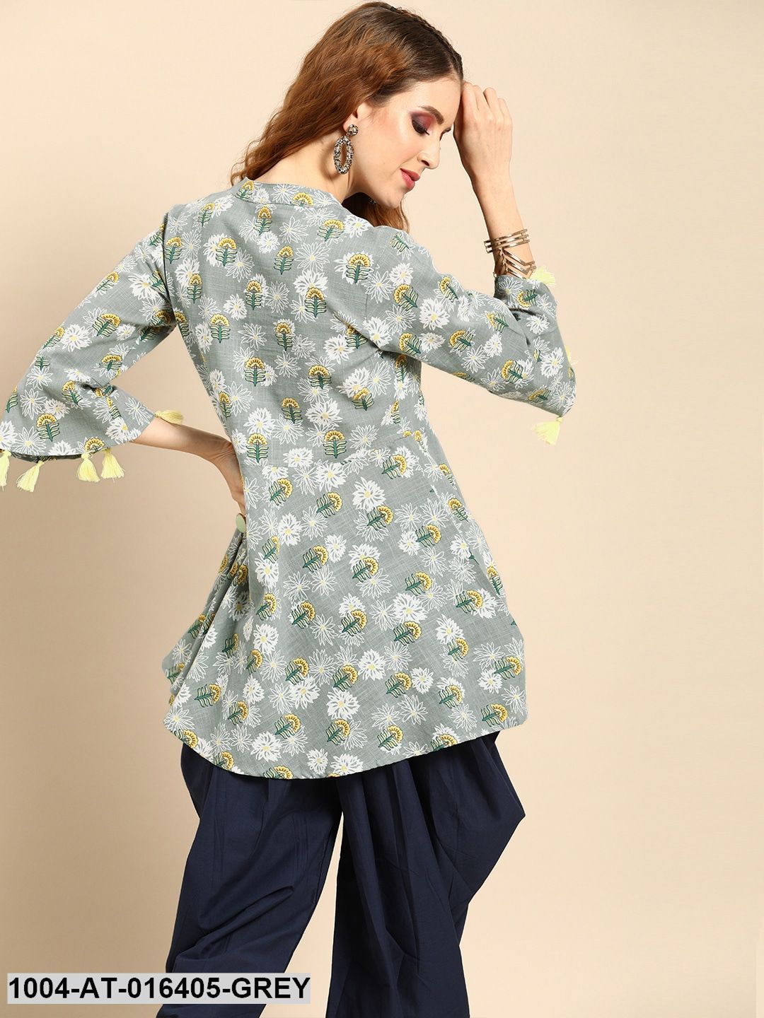 Grey Printed Flared Floral Knitted Pure Cotton Kurti