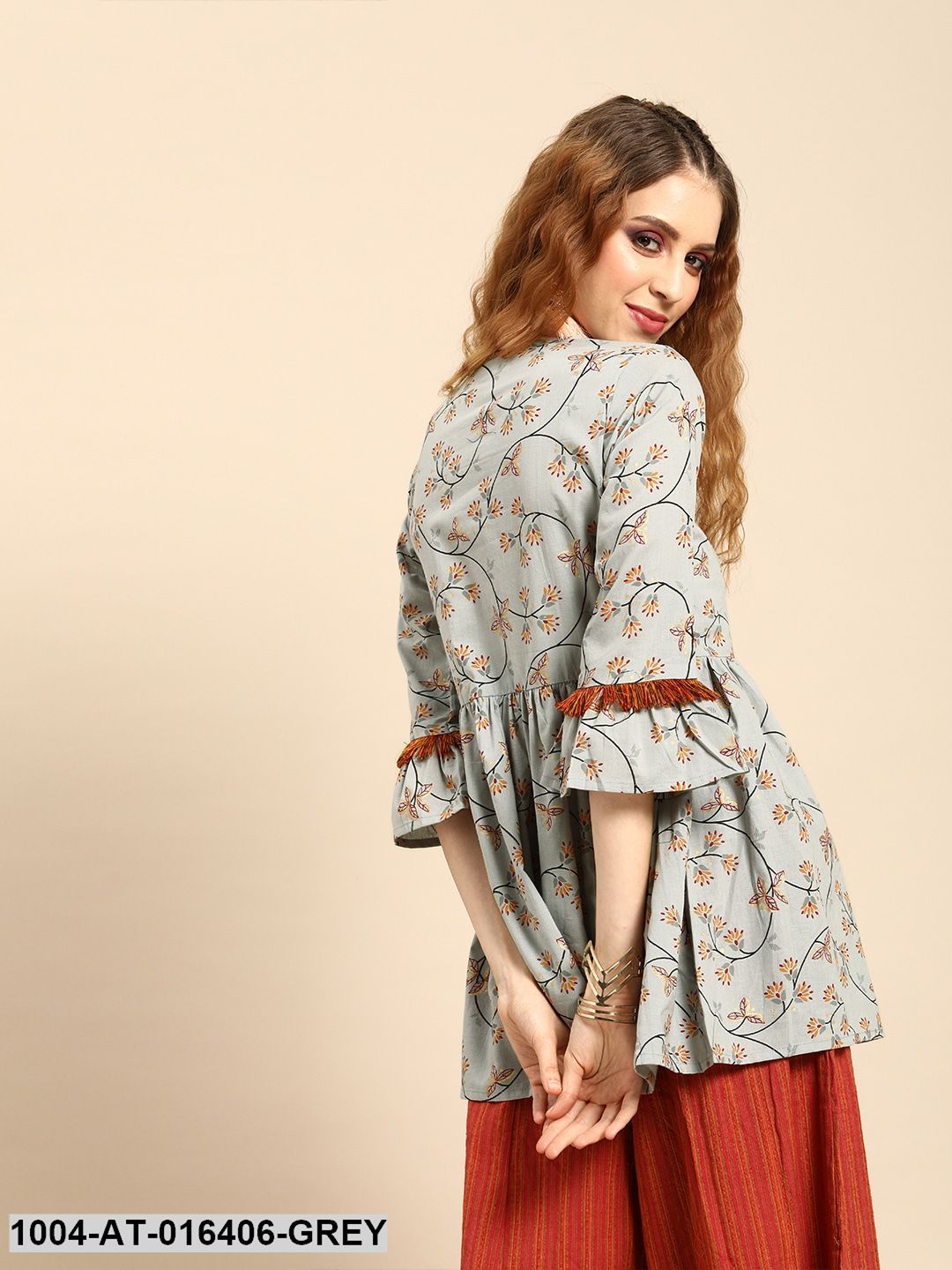 Grey Printed Flared Floral Knitted Pure Cotton Kurti