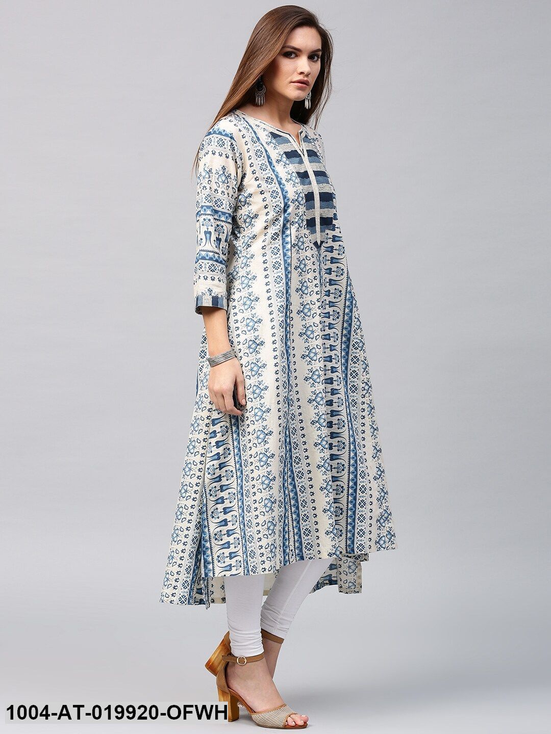 Off-White & Blue Printed A-Line Kurta