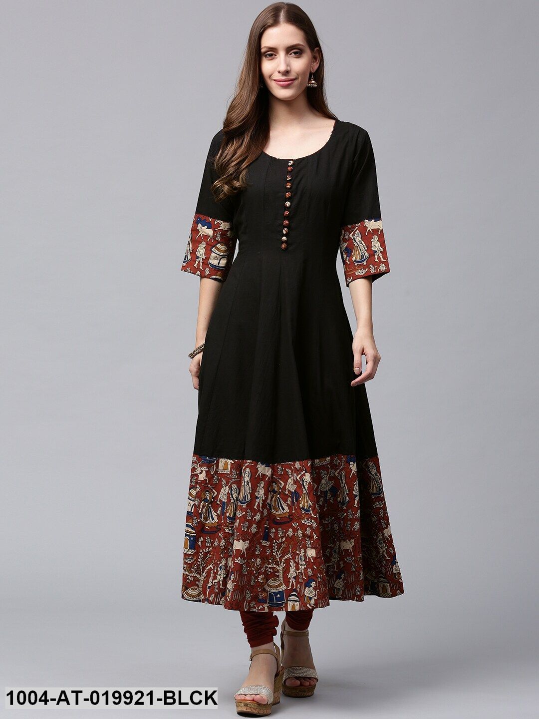 Black & Rust Orange Printed Anarkali Kurta