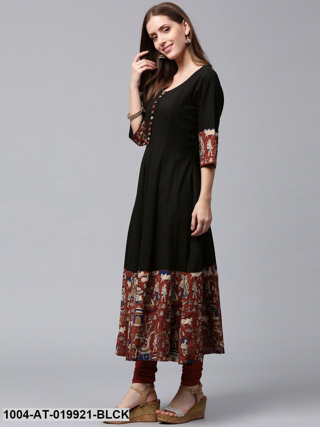 Black & Rust Orange Printed Anarkali Kurta