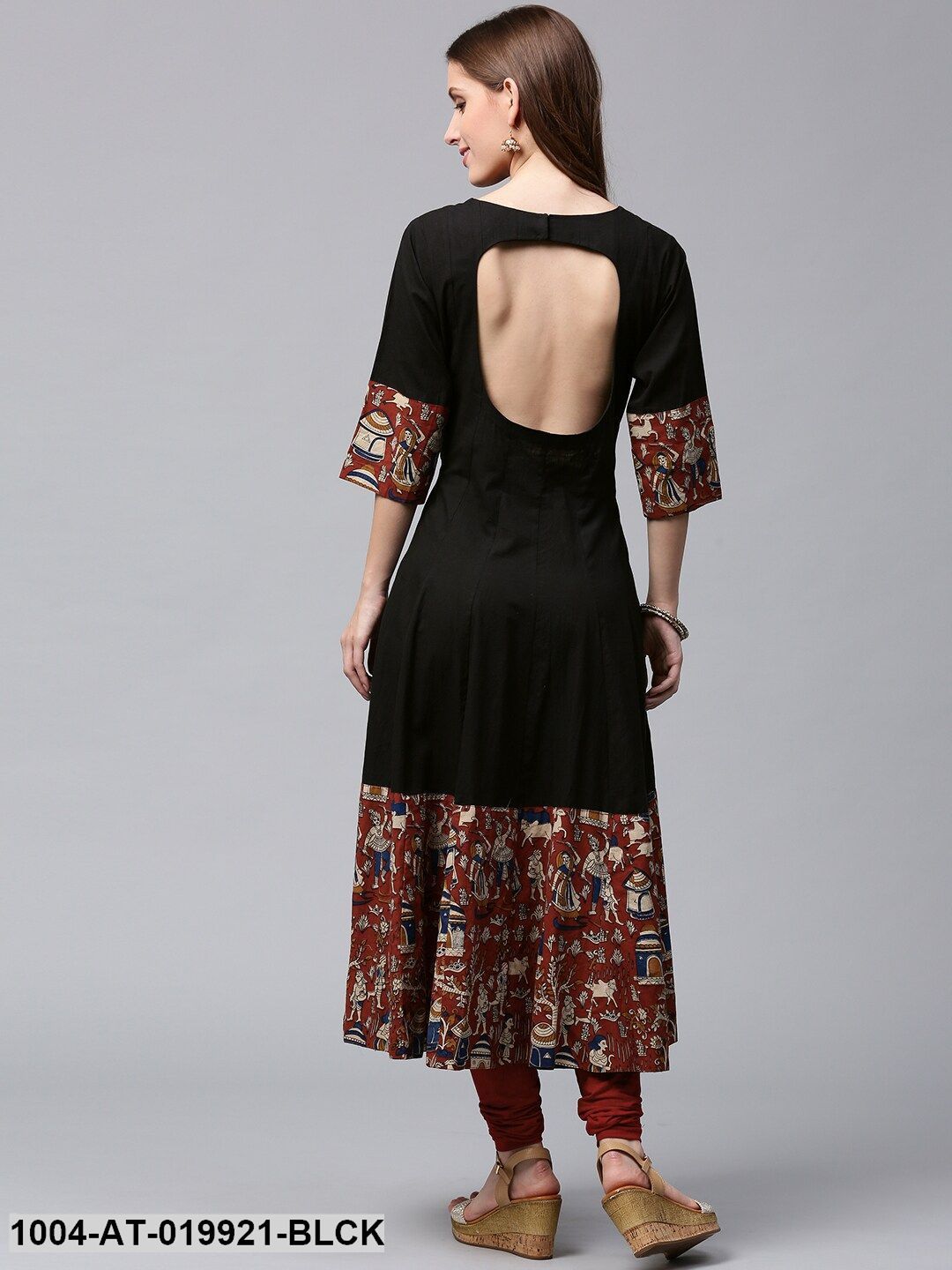 Black & Rust Orange Printed Anarkali Kurta