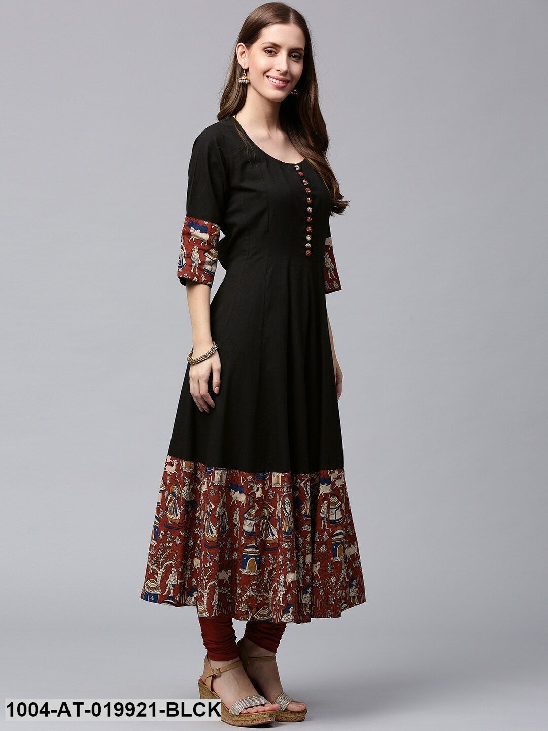 Black & Rust Orange Printed Anarkali Kurta