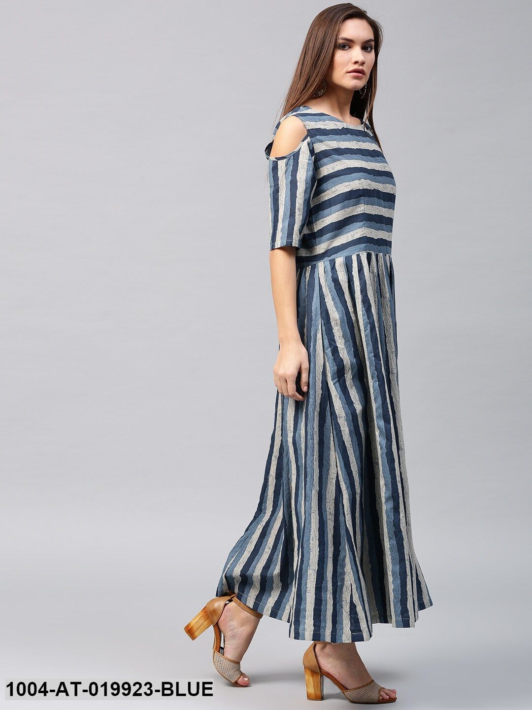 Blue & Beige Striped A-Line Kurta
