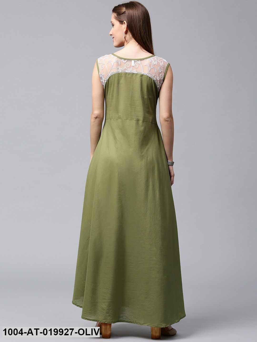 Olive Green & White Lace Yoke A-Line Kurta