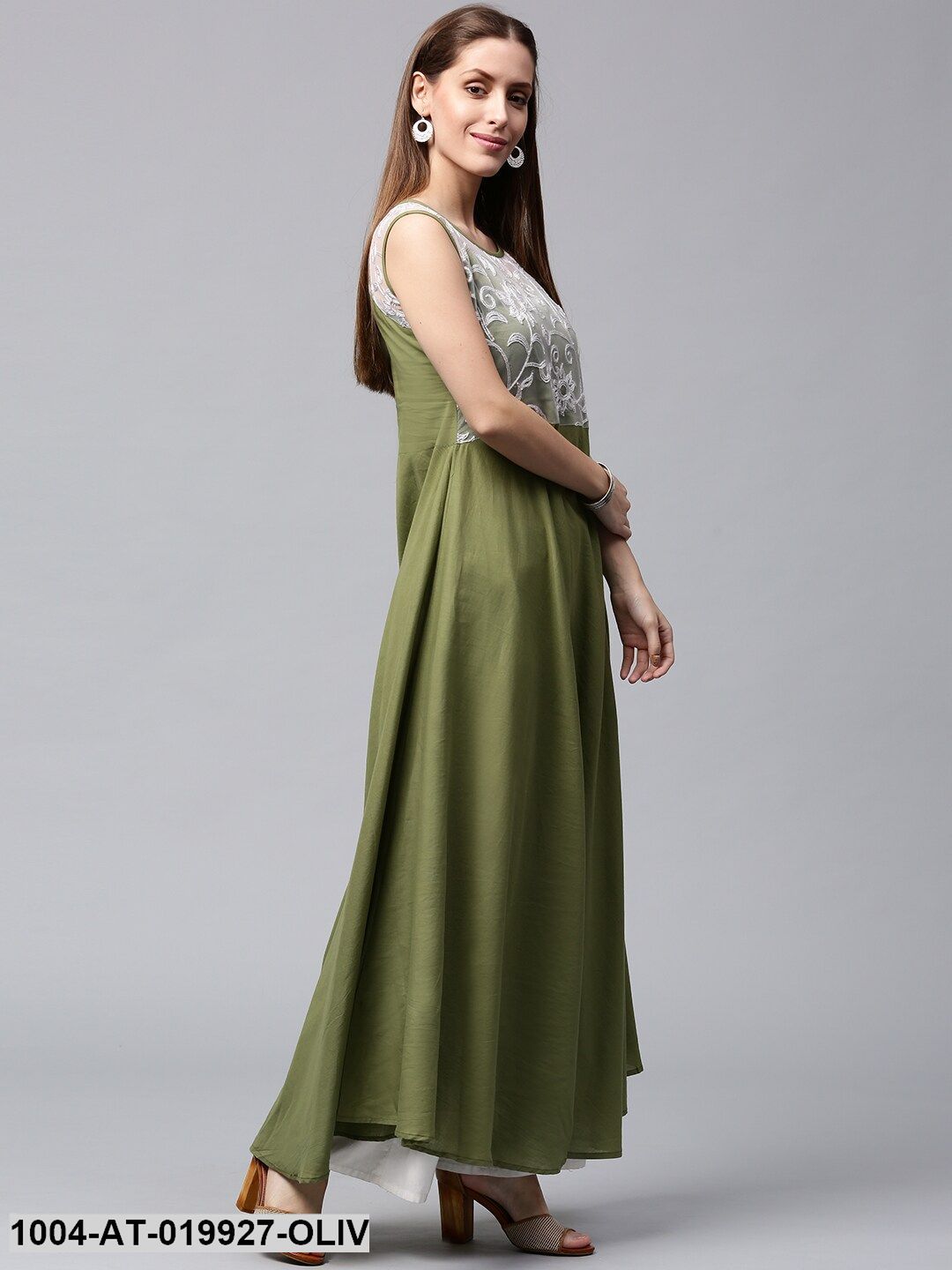 Olive Green & White Lace Yoke A-Line Kurta