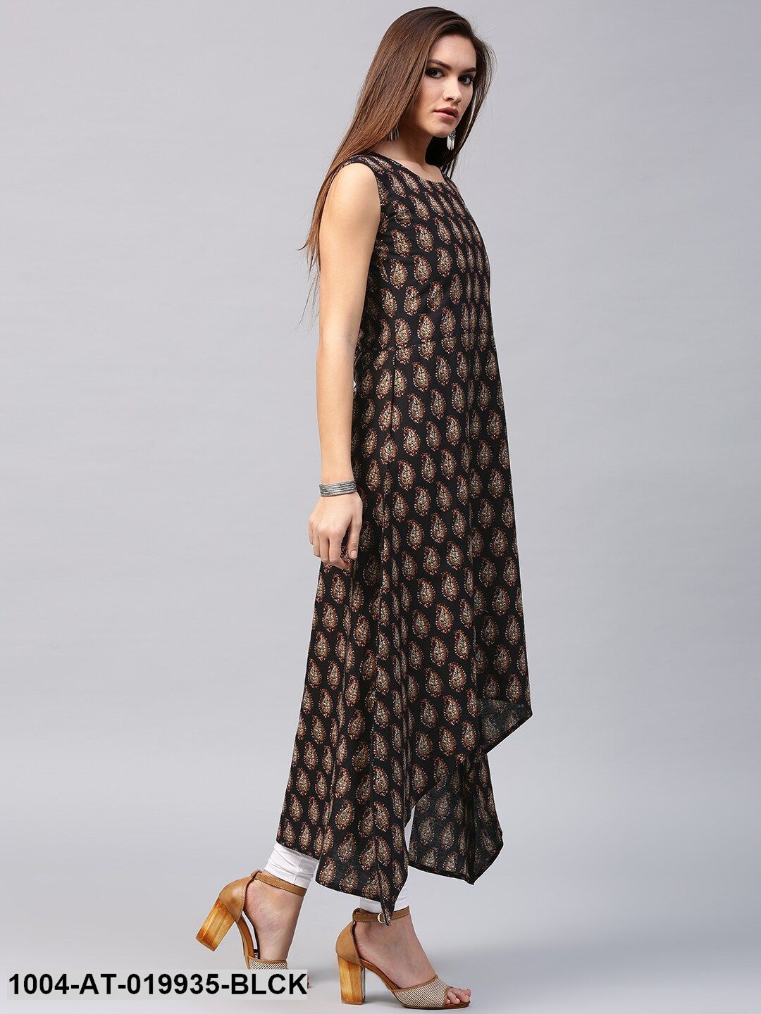 Black & Mustard Yellow Printed A-Line Kurta