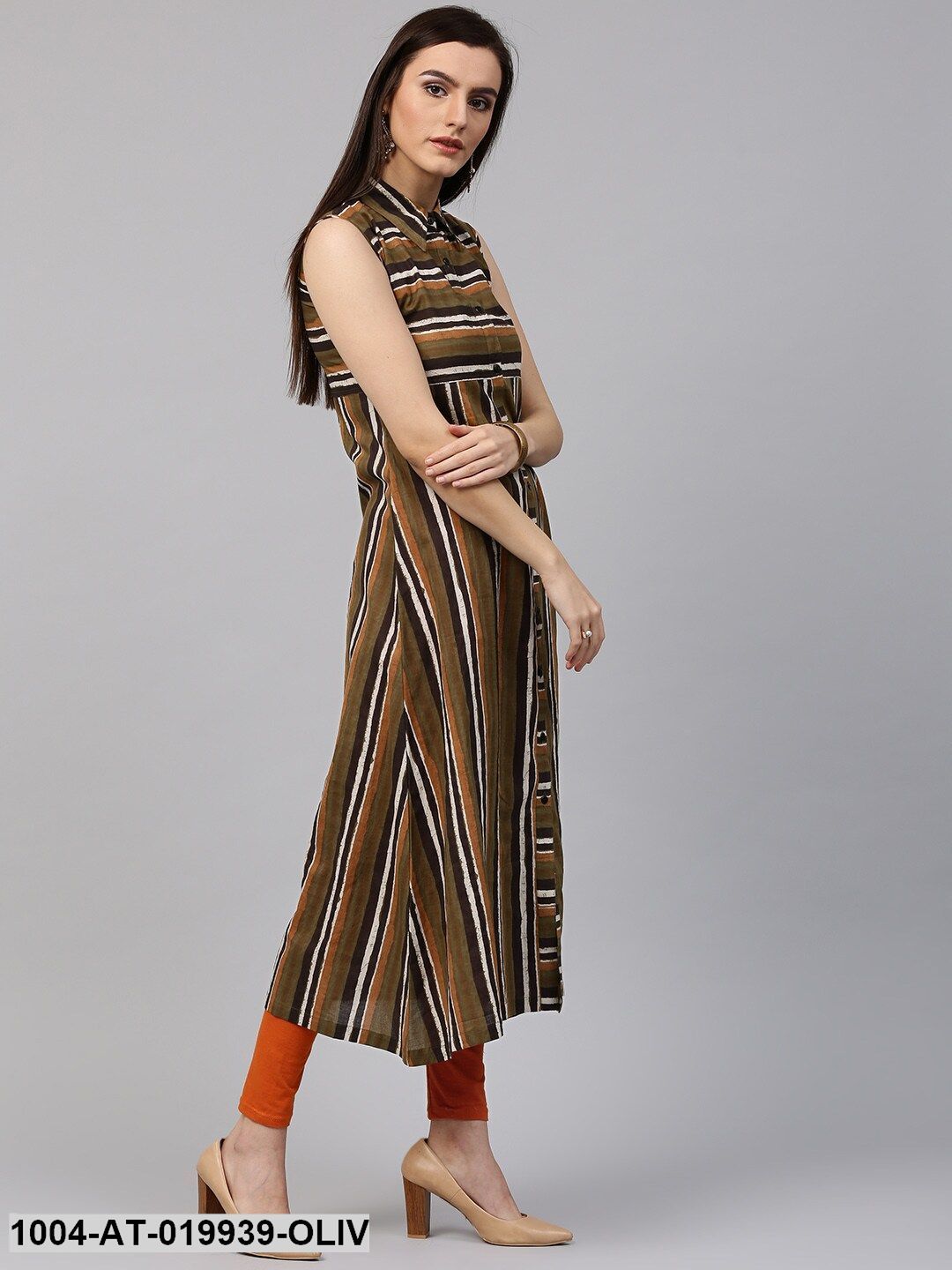 Olive Green Striped A-Line Kurta