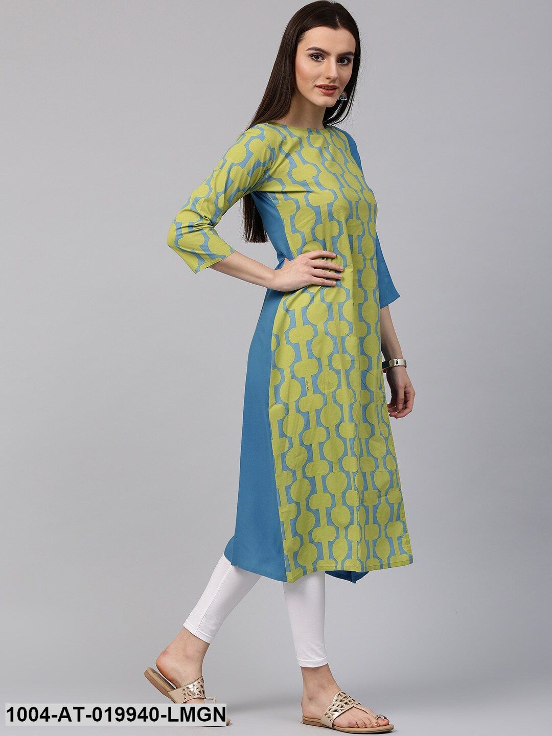 Lime Green & Blue Printed Straight Kurta
