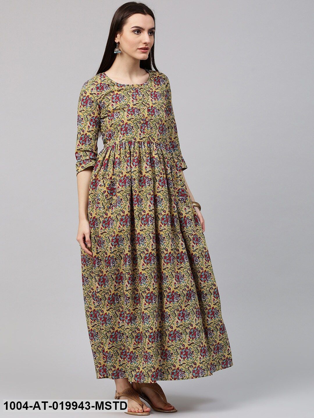 Mustard Yellow & Green Printed A-Line Kurta