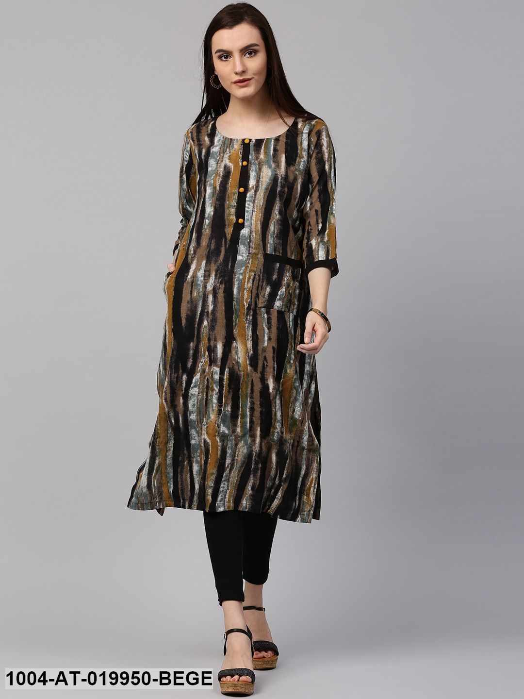 Beige & Black Printed Straight Kurta