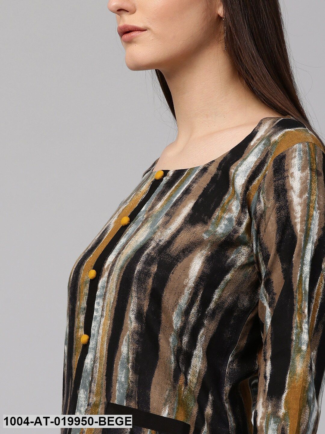 Beige & Black Printed Straight Kurta