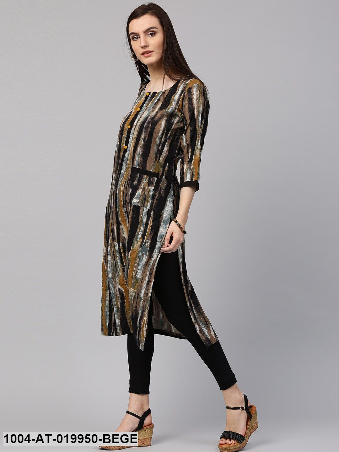 Beige & Black Printed Straight Kurta