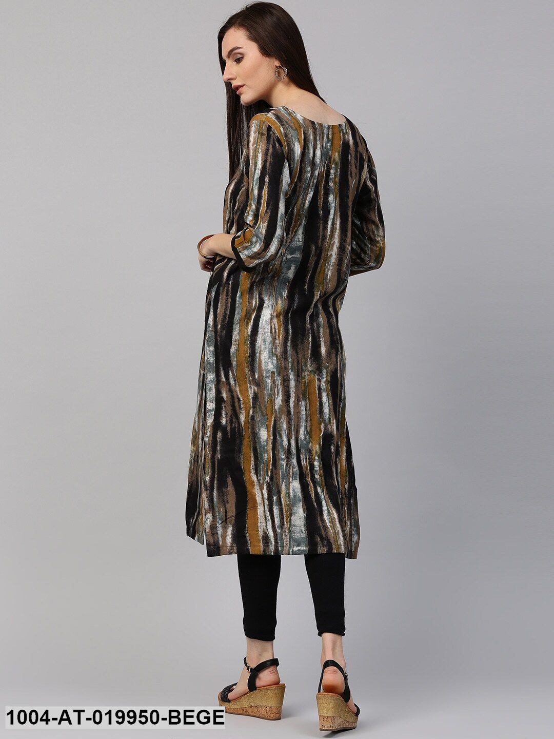 Beige & Black Printed Straight Kurta