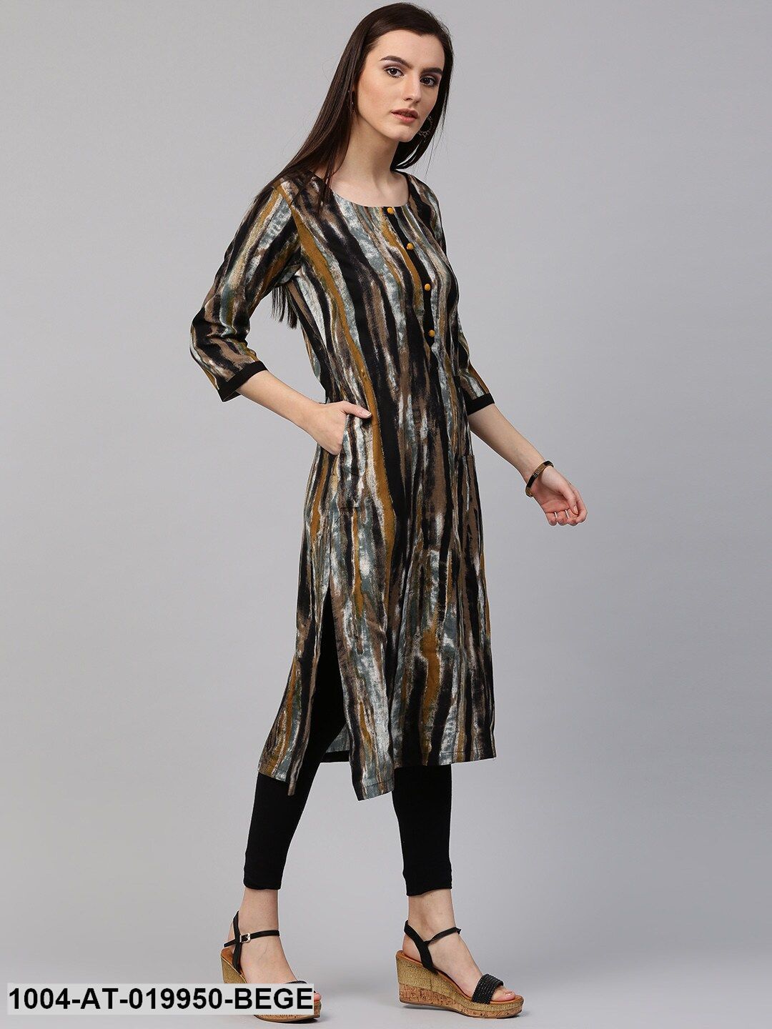 Beige & Black Printed Straight Kurta