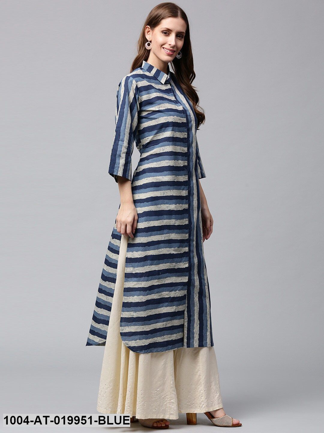 Blue & Off-White Striped Pathani Kurta